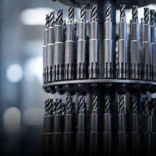 Precision cutting tools with coated cutting edges arranged in a tool holder.