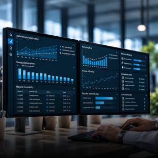 Digital dashboards displaying ESG data on material use, recycling, energy consumption and resource efficiency.