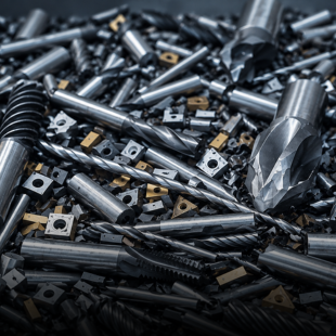 Collection of used carbide cutting tools ready for recycling.