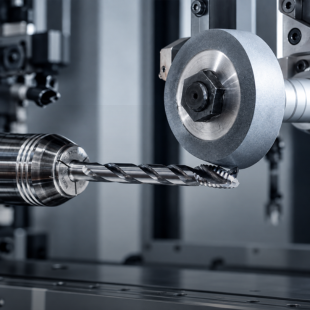 Cutting tool being reconditioned in a precision machining process.